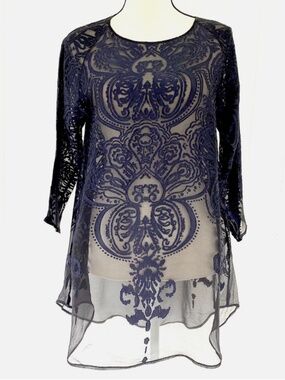Calypso St Barth Floral Sheer Silk Blend Blouse 3/4 Sleeve Navy/Black Sz S